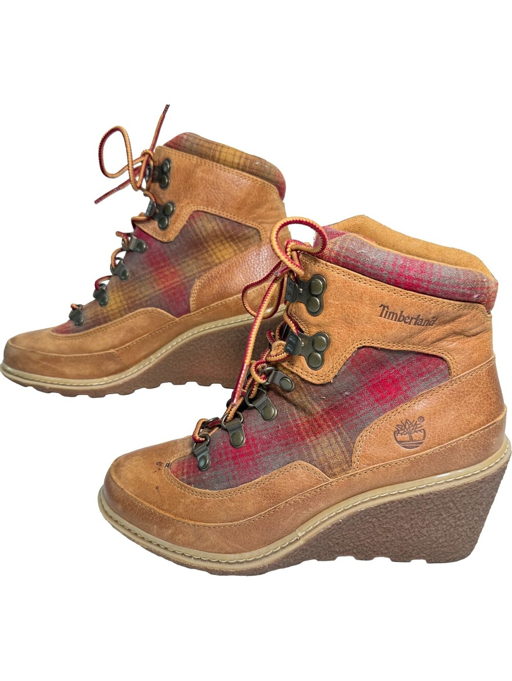 Timberland X Pendleton Wedge Booties Womens Sz 6 Plaid Brown Leather Ankle Boots